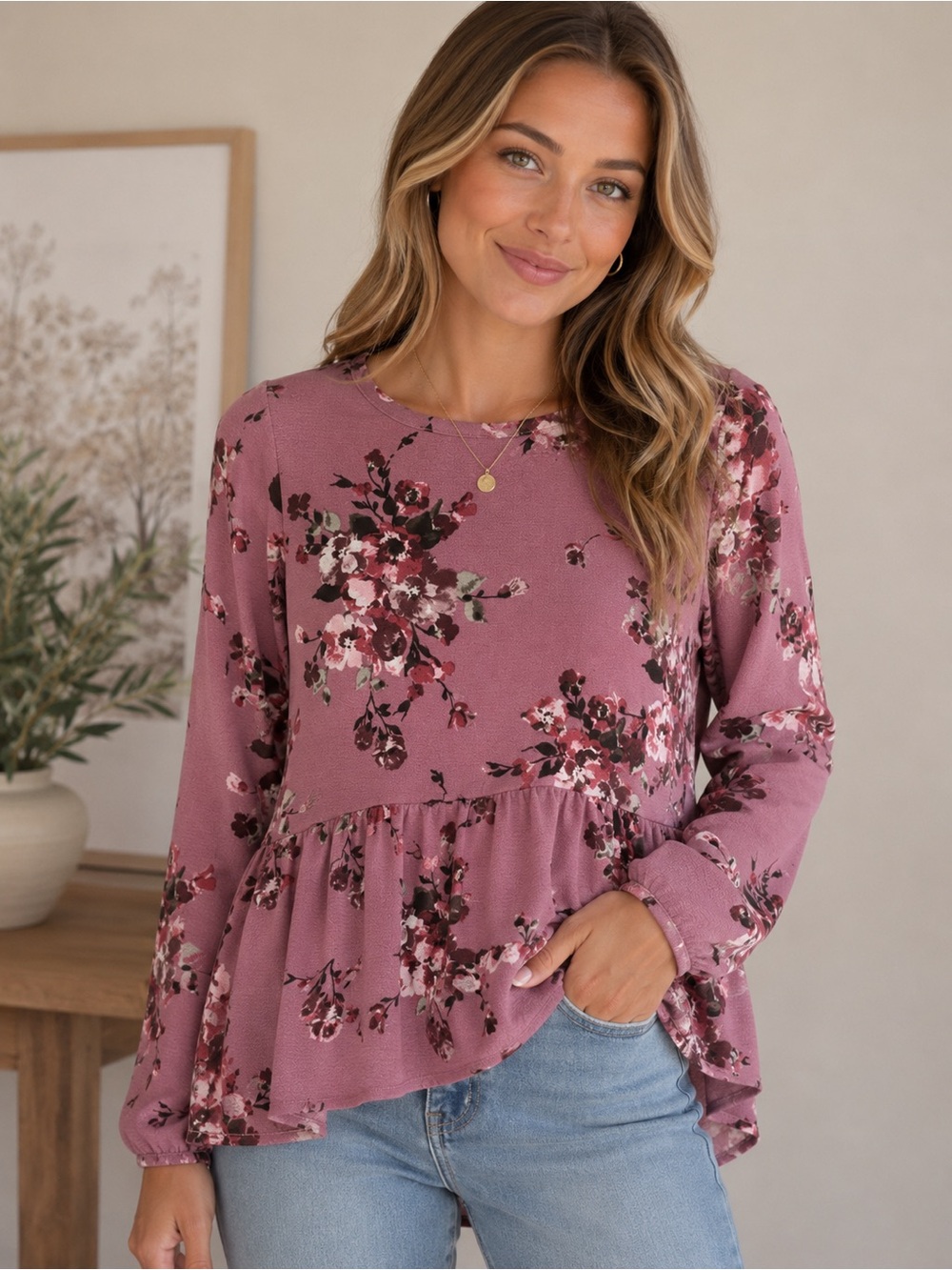 Mimi & Daphne Romantic Floral Long Sleeve Ruffle Peplum Top - Size Small